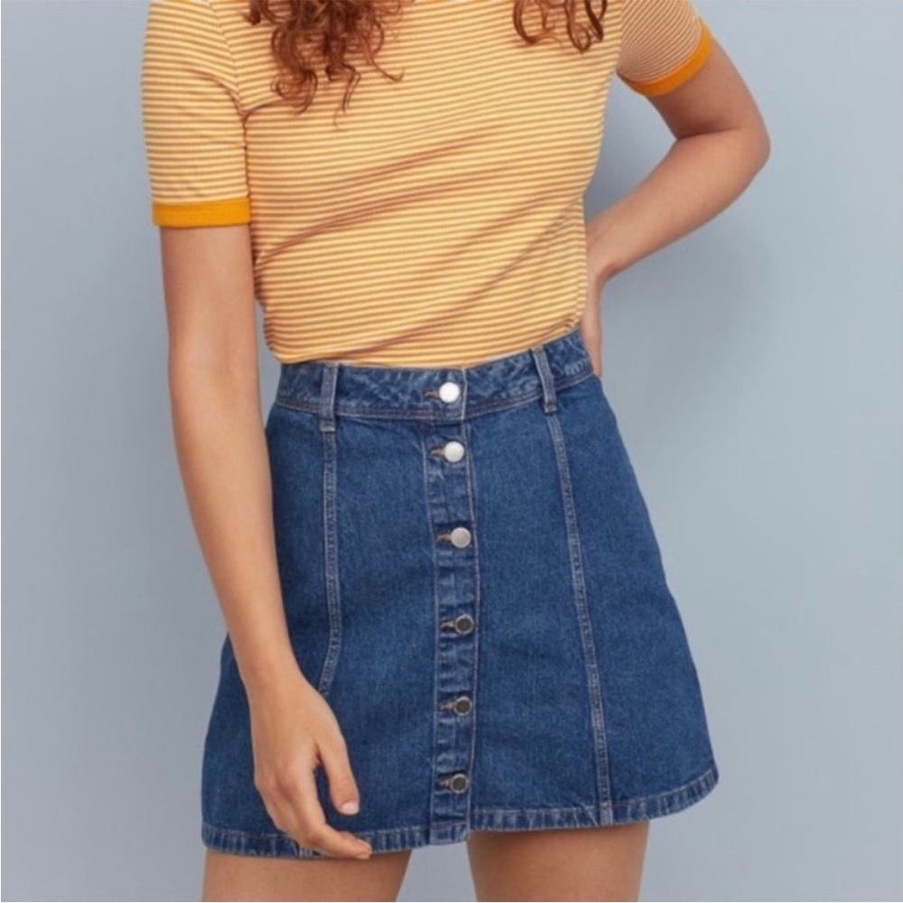 Divided Denim Skirt H&M Midwash Blue Jean Button Front 70s Retro A-line Mini 2